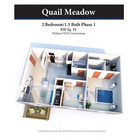 Floor plan for 2 beds, 1.5 baths, 930 sqft